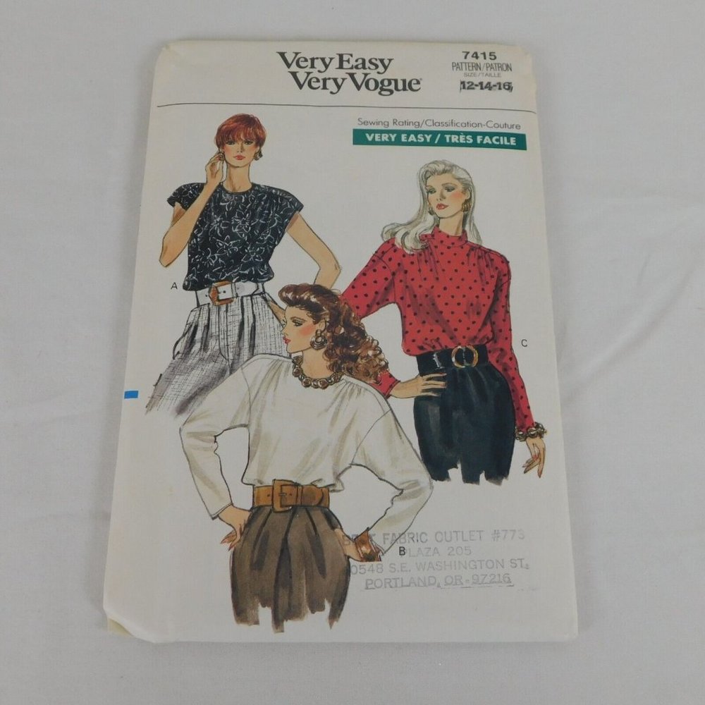 Vogue 7415 Sewing Pattern Women Blouse Vintage 1989 Sizes 12 14 16 Uncut Easy
